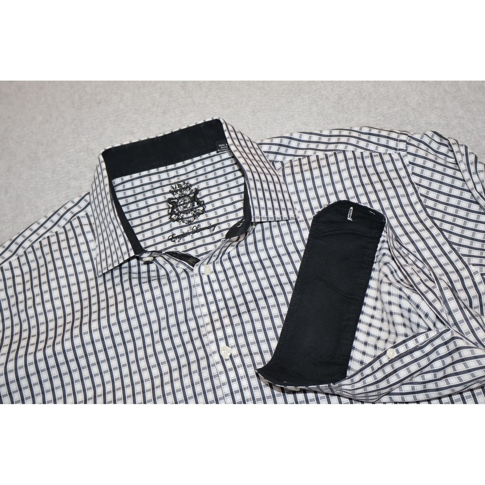English Laundry Button Down Mens XL Black White Plaid Dress Shirt Flip Cuffs